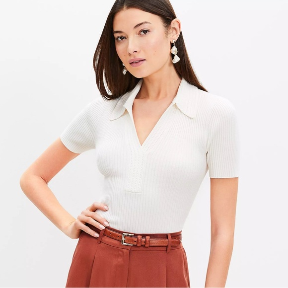 Loft Women’s Crochet Ribbed Collared Sweater Tee - Picture 1 of 6